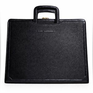 Karl Lagerfeld Black Pebbled Leather Zip Briefcase with Built-In Handles